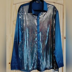 Men's Silky Blue Button-Up Shirt With Square Mirror Decorations Sz XXL